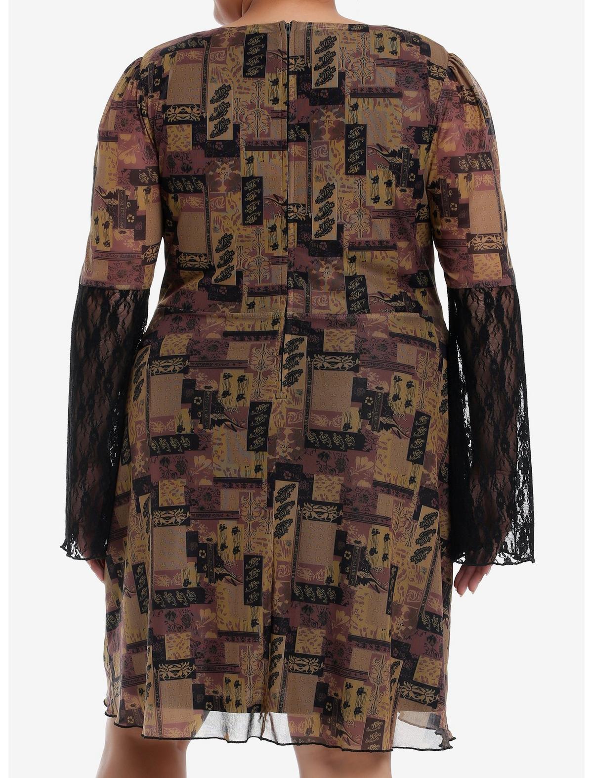 Brown Paisley Patchwork Bell Sleeve Dress Plus Size - US 5696