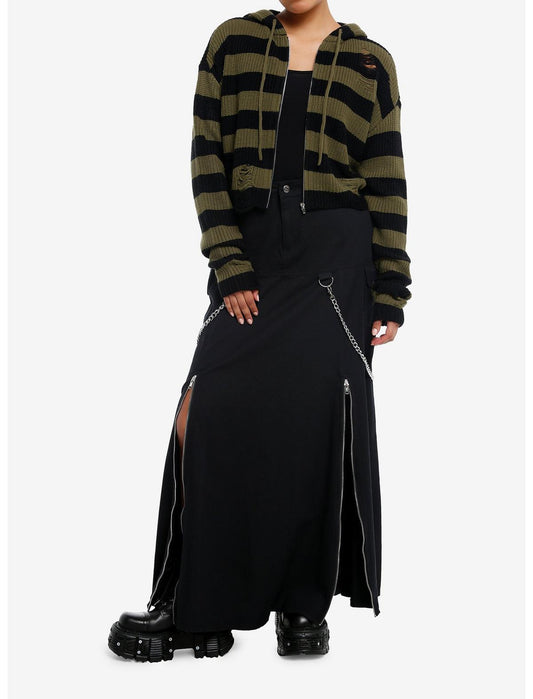Black & Green Distressed Boxy Girls Crop Knit Hoodie - US 2758