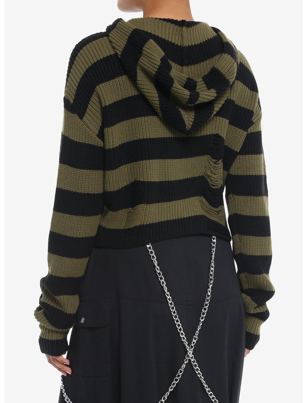 Black & Green Distressed Boxy Girls Crop Knit Hoodie - US 2758