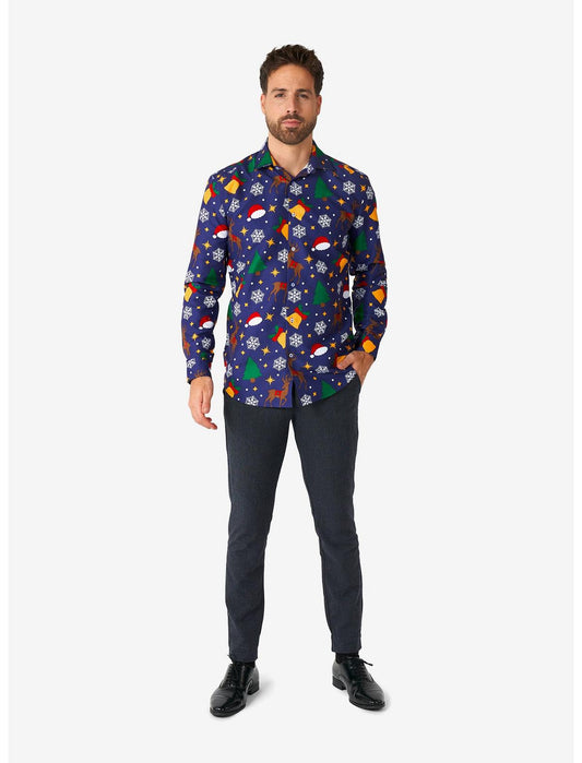 Christmas Icons Blue Long Sleeve Button-Up Shirt - US 3600