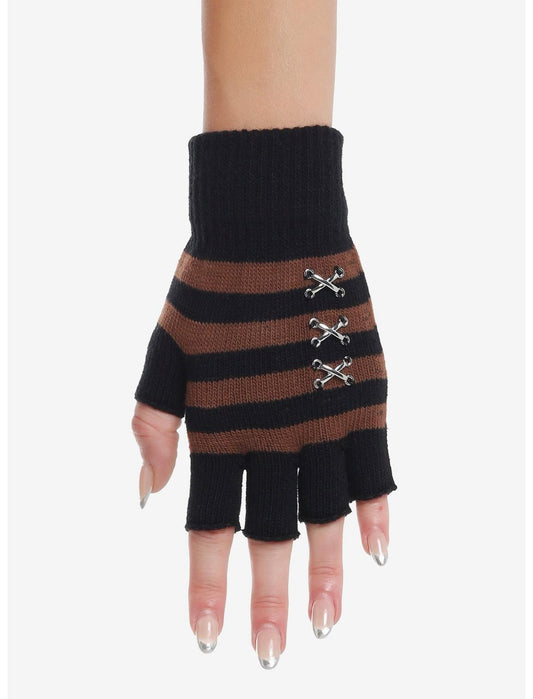 Brown & Black Stripe Stitched Fingerless Gloves - US 1106