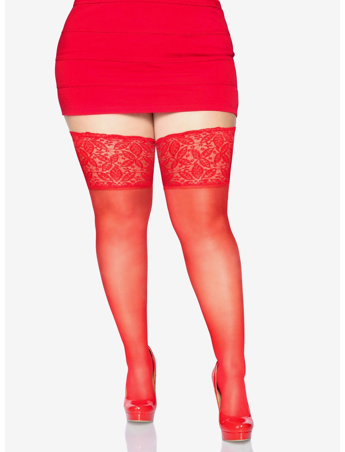 Lace Lycra Sheer Stay Up Thigh Highs Plus Size Red - US 1170