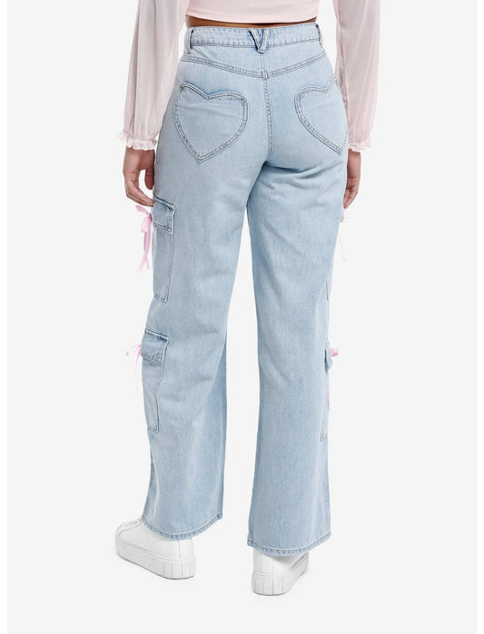 Light Indigo Pink Bow Cargo Denim Pants - US 2365
