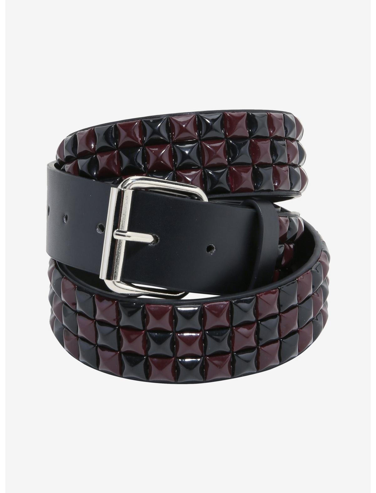 Black & Burgundy Three Row Pyramid Stud Belt - US 9325