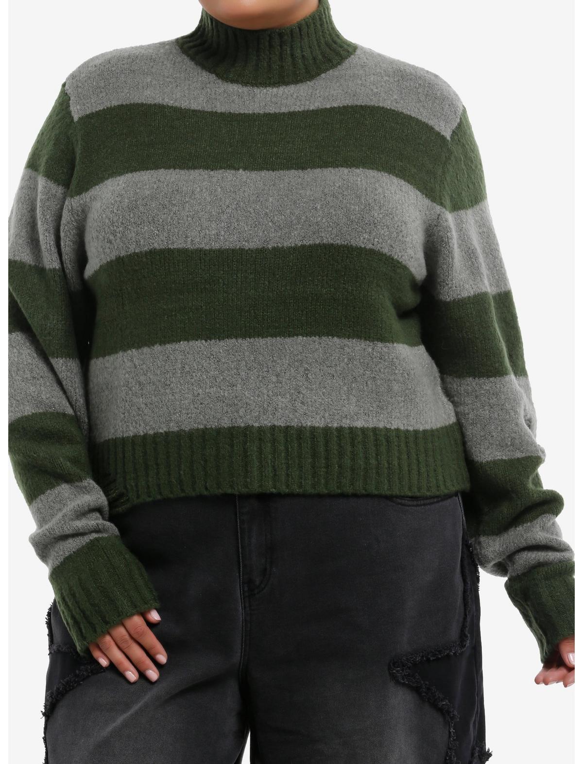 Green & Grey Stripe Girls Fuzzy Sweater Plus Size - US 6163