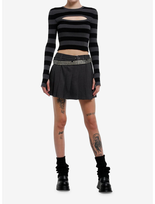 Black & Dark Grey Cutout Girls Crop Long-Sleeve Top - US 3955