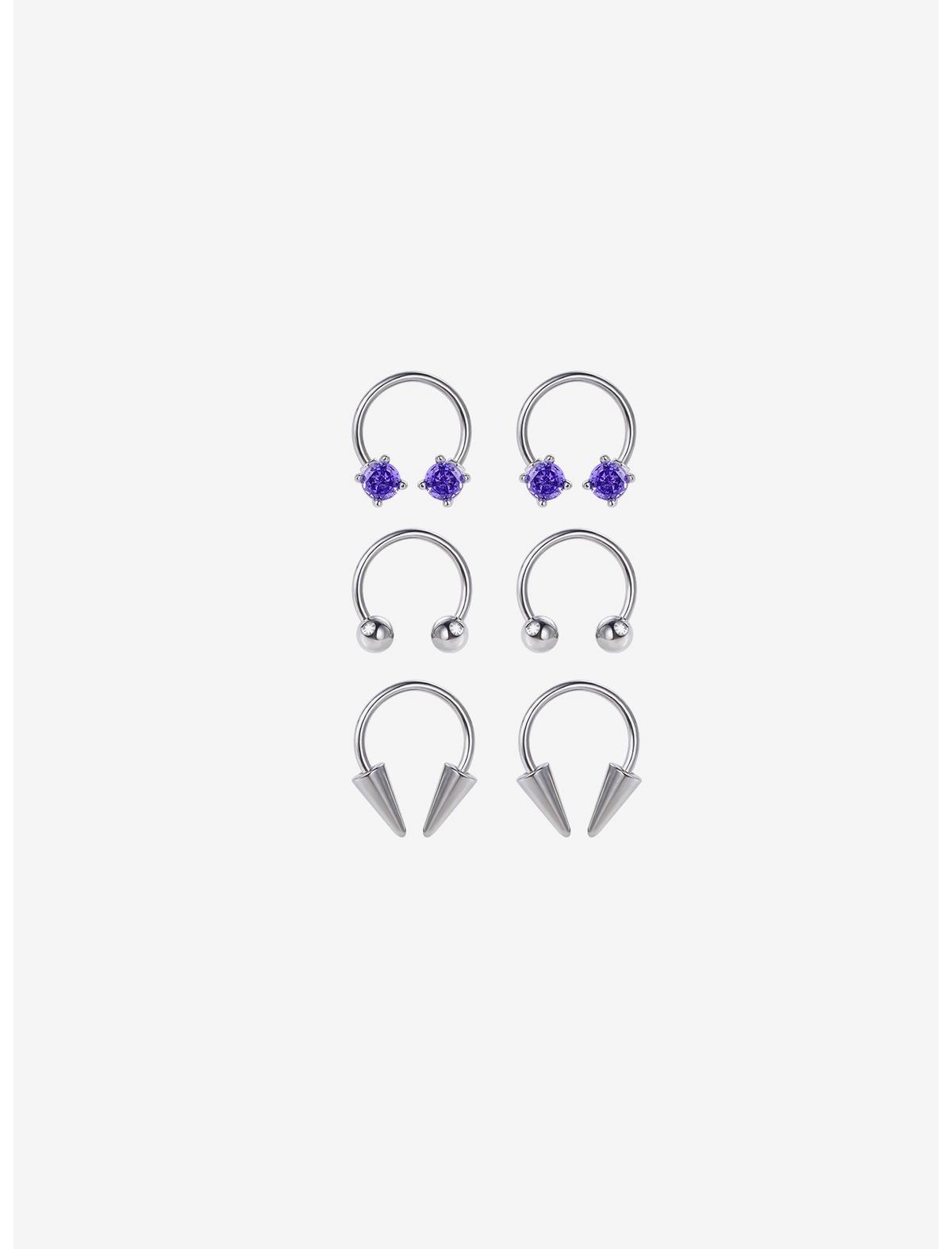 16G Steel Silver Purple Gem & Spike Circular Barbell 6 Pack - US 2978