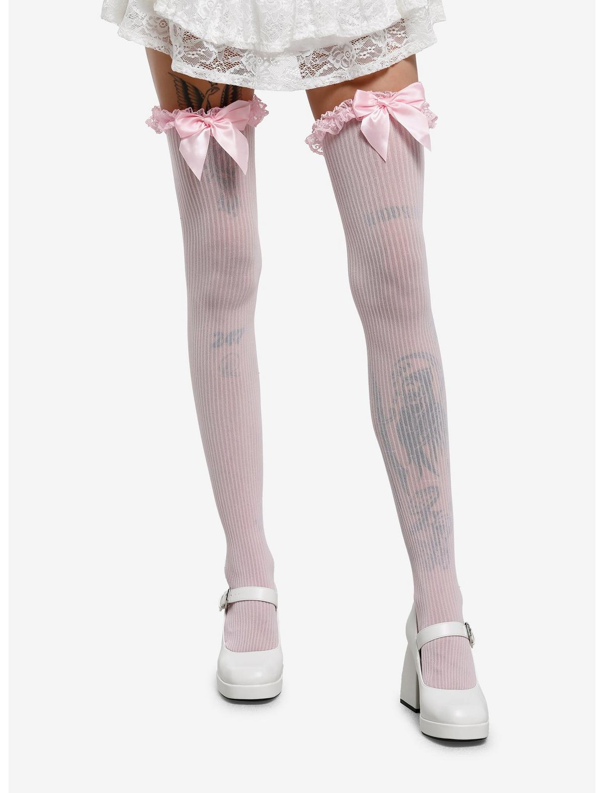Leg Avenue Pink Sheer Stripe Bow Thigh Highs - US 6331