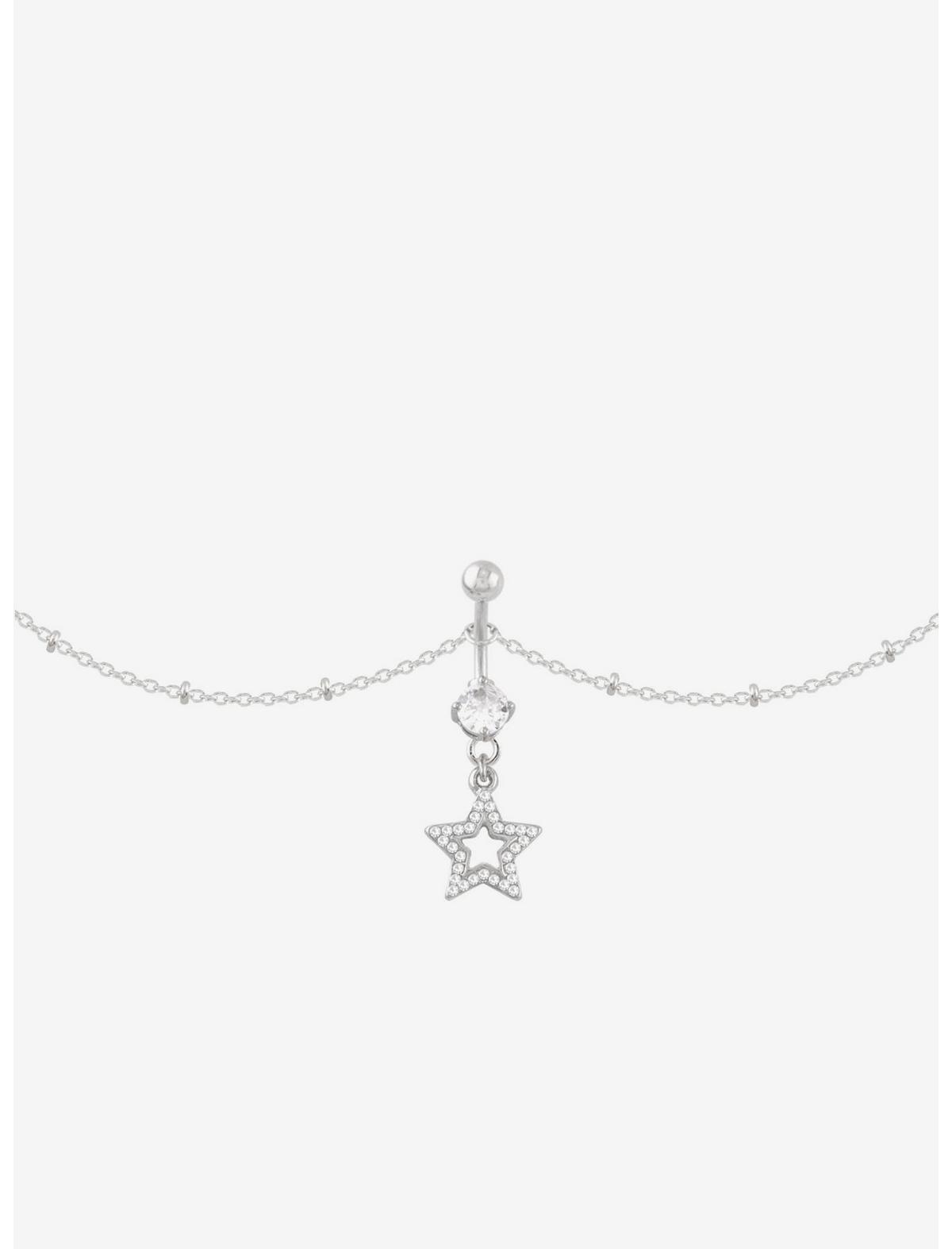14G Steel Silver Star CZ Gem Navel Barbell & Belly Chain - US 2137