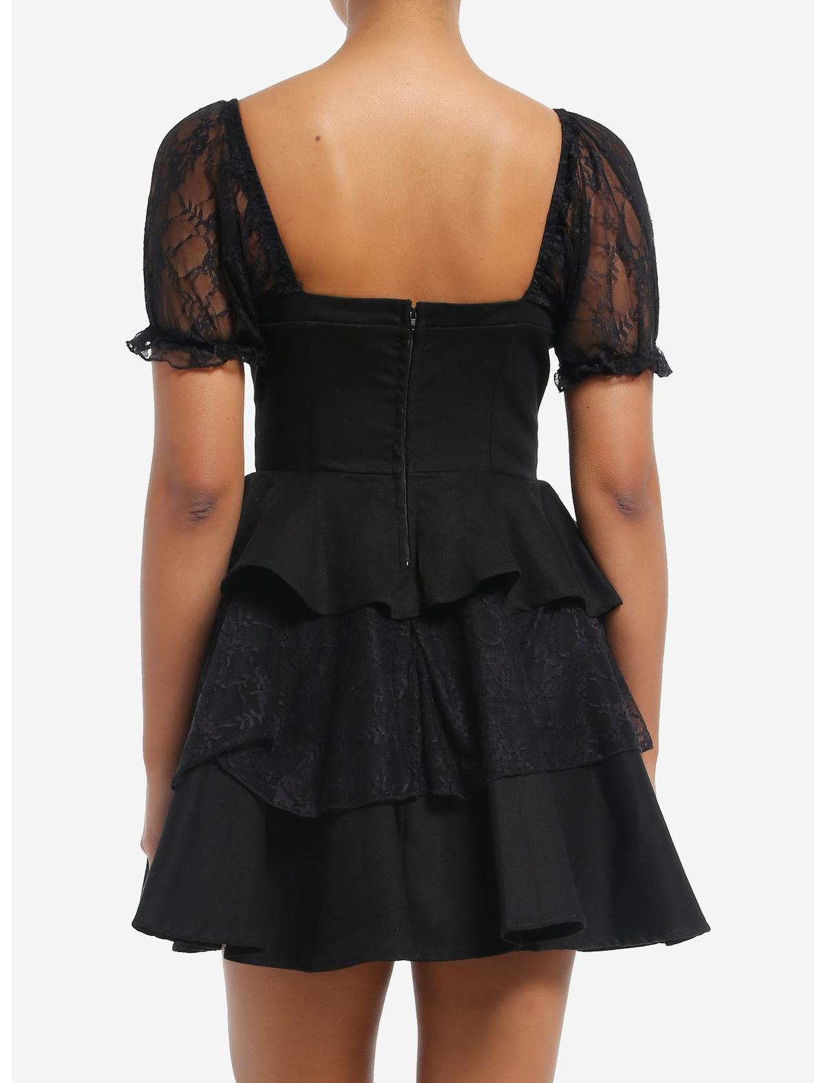 Black Lace Puff Sleeve Tiered Mini Dress - US 3333