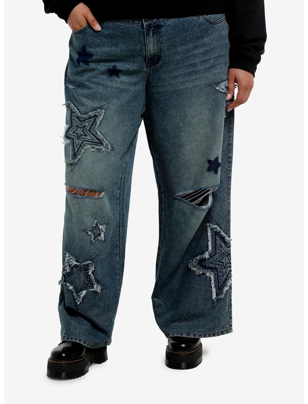 Indigo Vintage Wash Star Patch Wide Leg Jeans Plus Size - US 4346