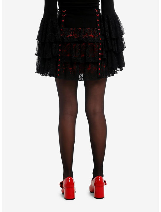 Black & Red Lace Grommet Strap Tiered Skirt - US 5928