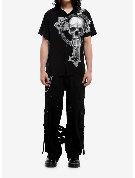Black & White Cross Skull Woven Button-Up - US 6105