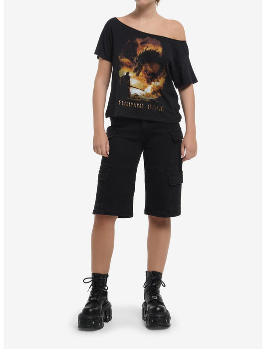 Feminine Rage Dragon Girls Off-Shoulder T-Shirt - US 0987