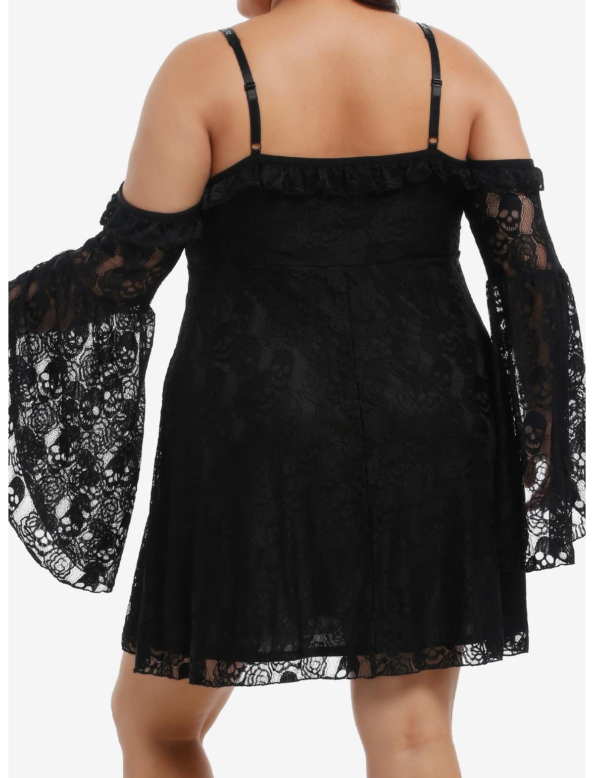 Black Skull Lace Cold-Shoulder Bell Sleeve Dress Plus Size - US 5725