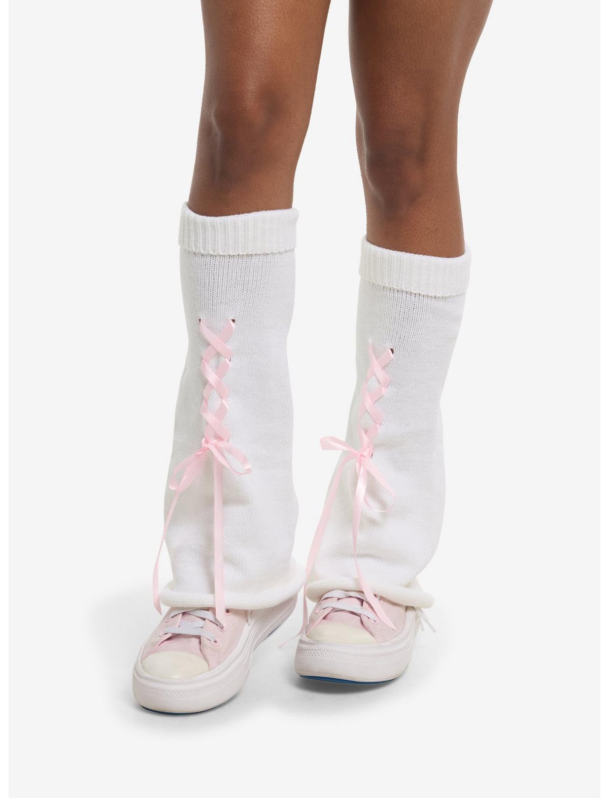 Cream & Pink Lace-Up Knit Leg Warmers - US 3525