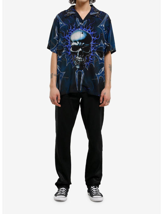 Blue Cyber Skull Woven Button-Up - US 5648