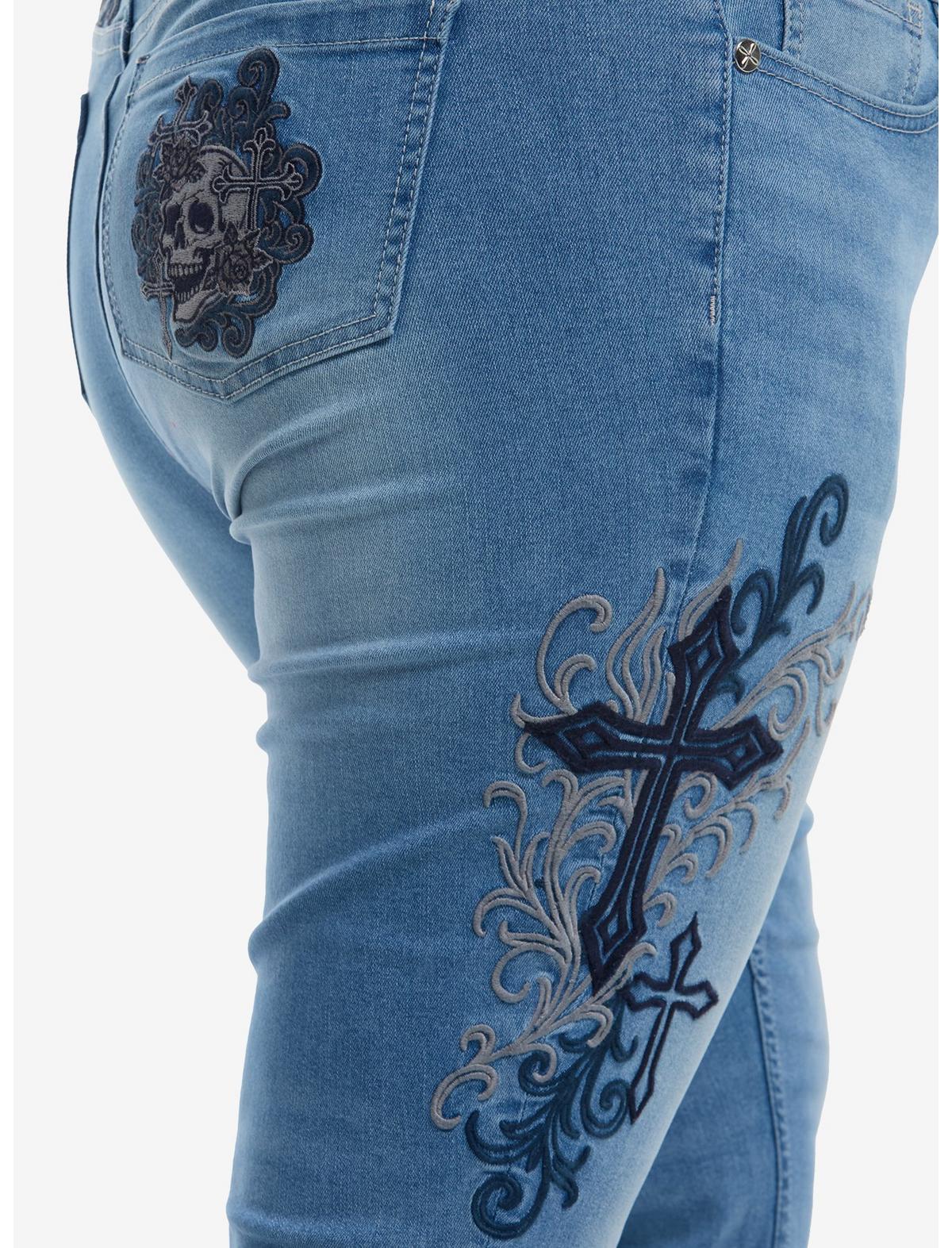 Light Wash Cross Skull Patch Flare Jeans Plus Size - US 1848