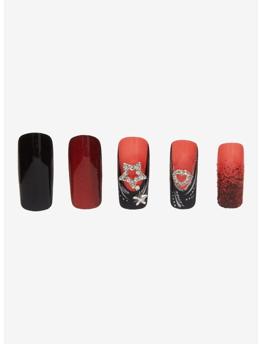 Blackheart Red & Black Star Rhinestone Press-On Nail Set - US 0371