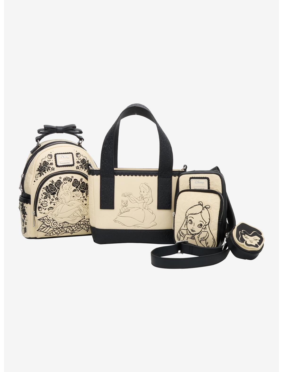 Loungefly Disney Alice In Wonderland Black & White Floral Crossbody Tote Bag - US 7804