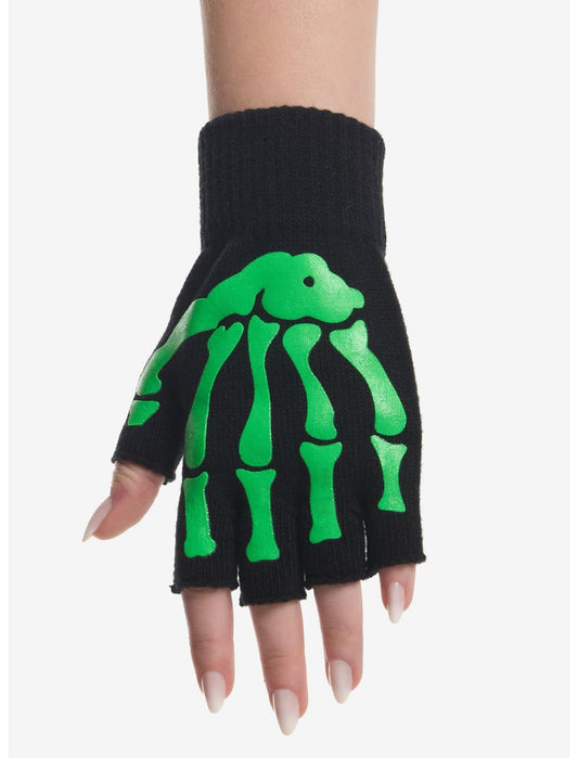 Black & Green Skeleton Glow-In-The-Dark Fingerless Gloves - US 0034