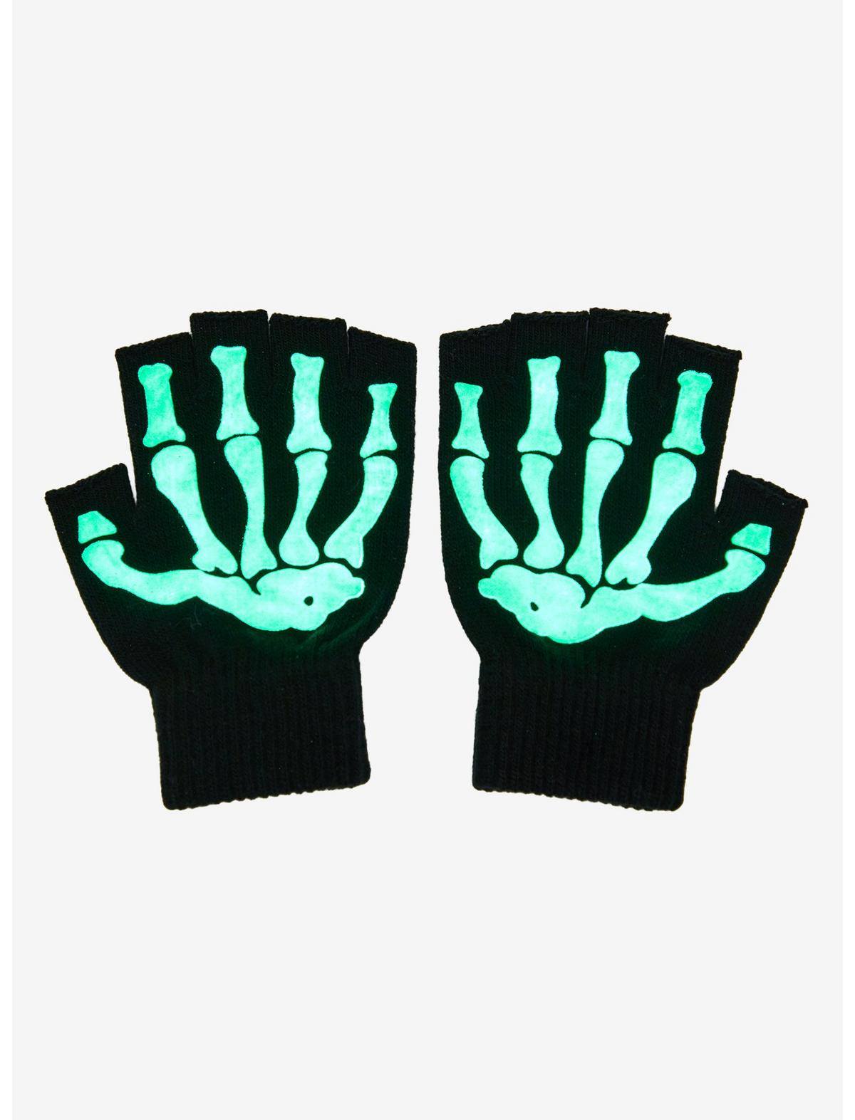 Black & Green Skeleton Glow-In-The-Dark Fingerless Gloves - US 0034