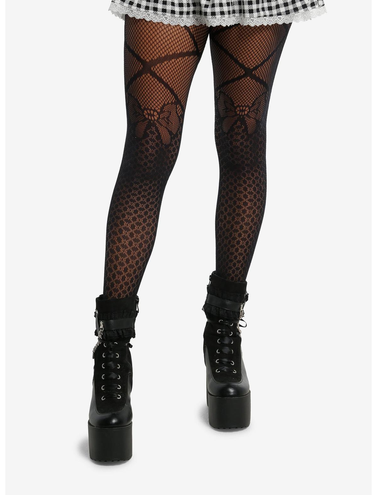 Black Faux Bow Lace-Up Fishnet Tights - US 3302