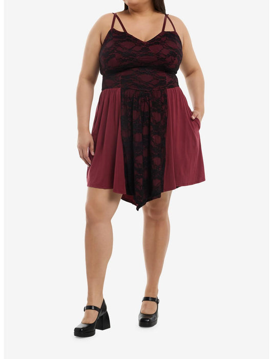 Maroon & Black Lace Panel Cami Dress Plus Size - US 1853