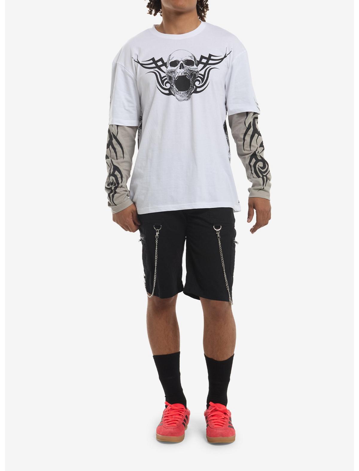 Cyber Skull White & Grey Twofer Long-Sleeve T-Shirt - US 8326