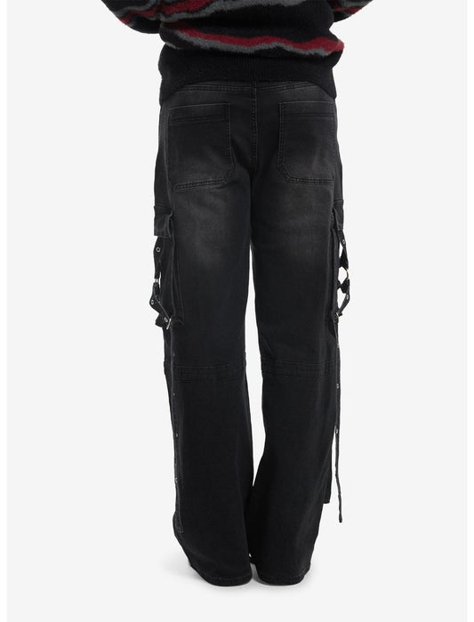 Dark Wash Grommet Suspender Strap Cargo Jeans - US 1765