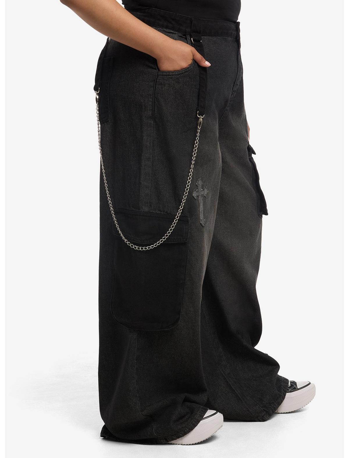 Black Cross Patch Side Chain Wide Leg Jeans Plus Size - US 2987