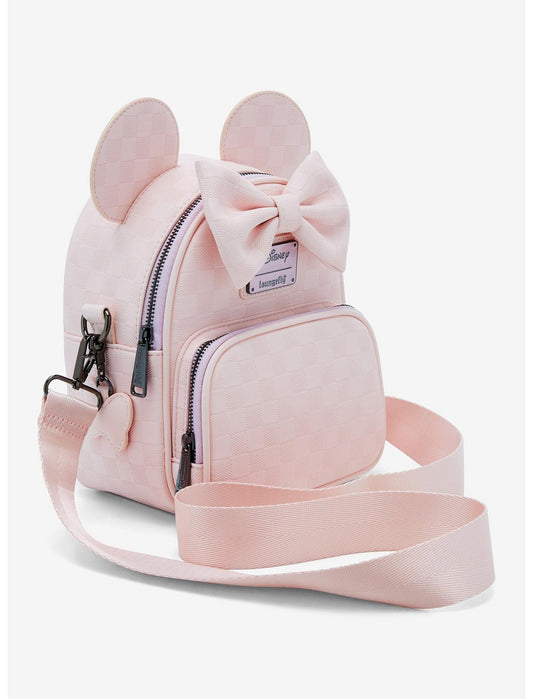 Loungefly Disney Minnie Mouse Light Pink Checkered Figural Convertible Crossbody Bag - US 1649