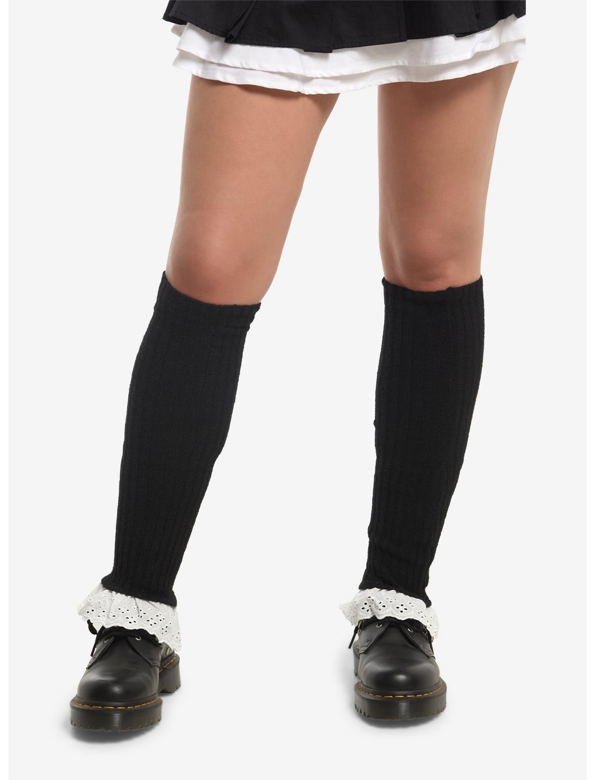Black Ribbed White Eyelet Lace Leg Warmers - US 3619