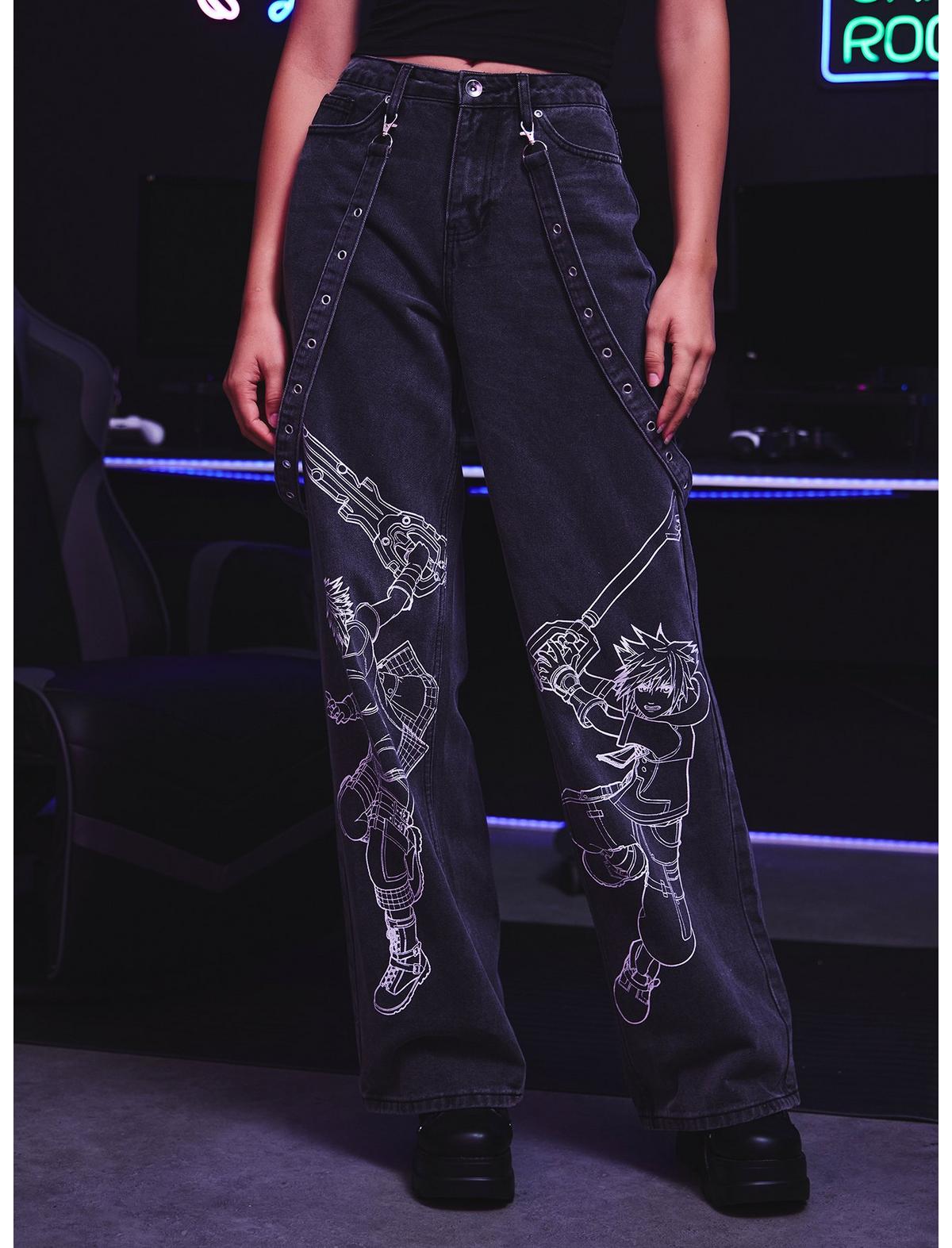 Her Universe Disney Kingdom Hearts Line Art Grommet Strap Wide Leg Jeans - US 9180