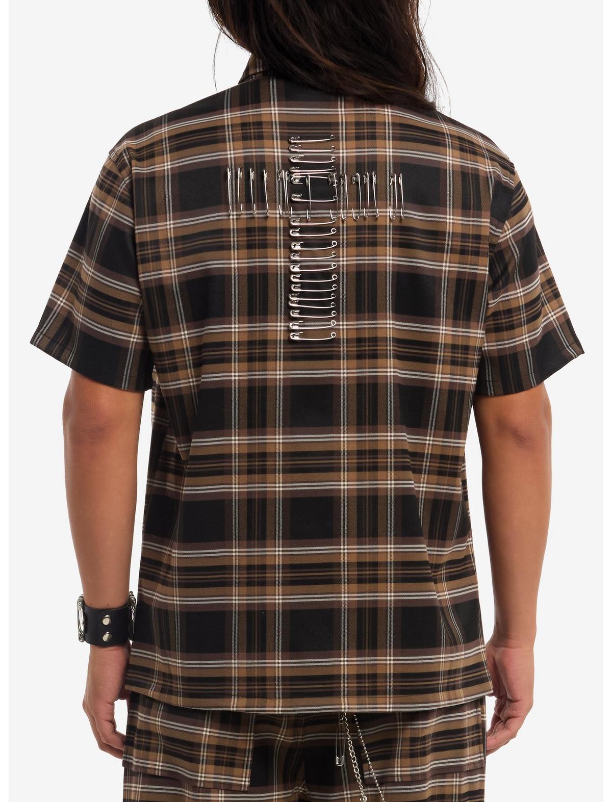 Brown & Black Plaid Woven Button-Up With Tie - US 0707