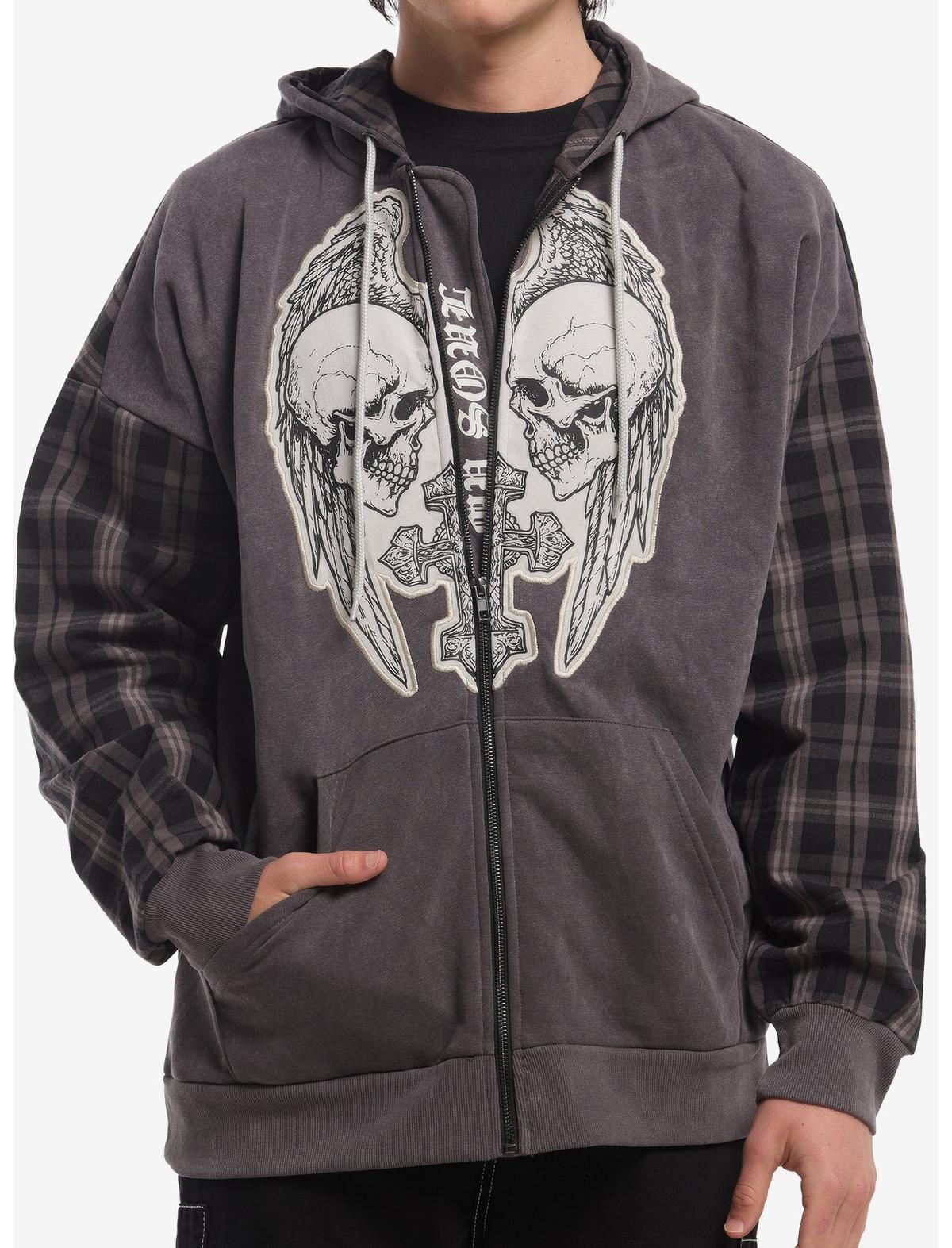 Grey Plaid Skull Wing Cross Hoodie - US 5804