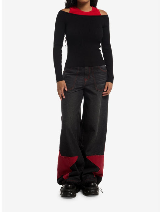 Black & Red Girls Cold-Shoulder Top - US 9312