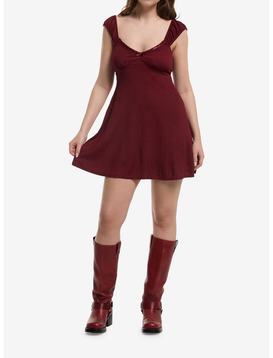 Burgundy Satin Bow Mini Dress - US 4987