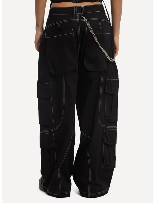 Black & White Contrast Stitch Side Chain Cargo Pants - US 2318