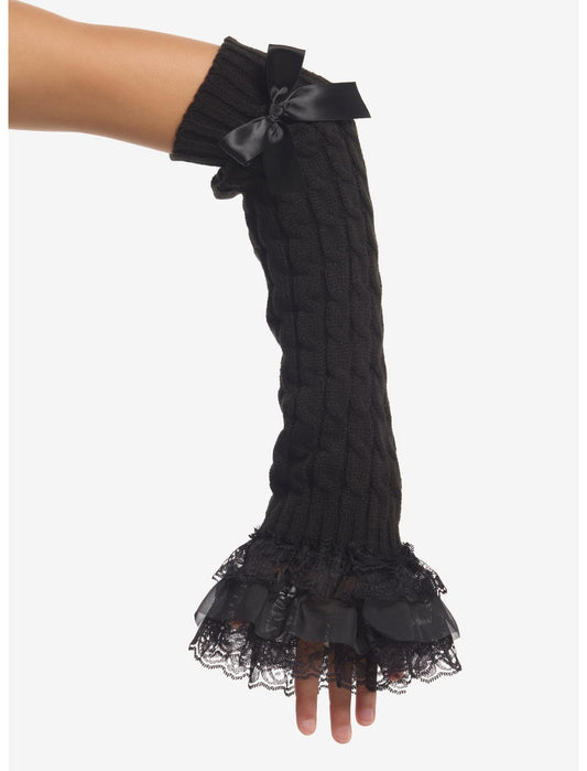 Black Ribbon Cable Knit Lace Arm Warmers - US 9212