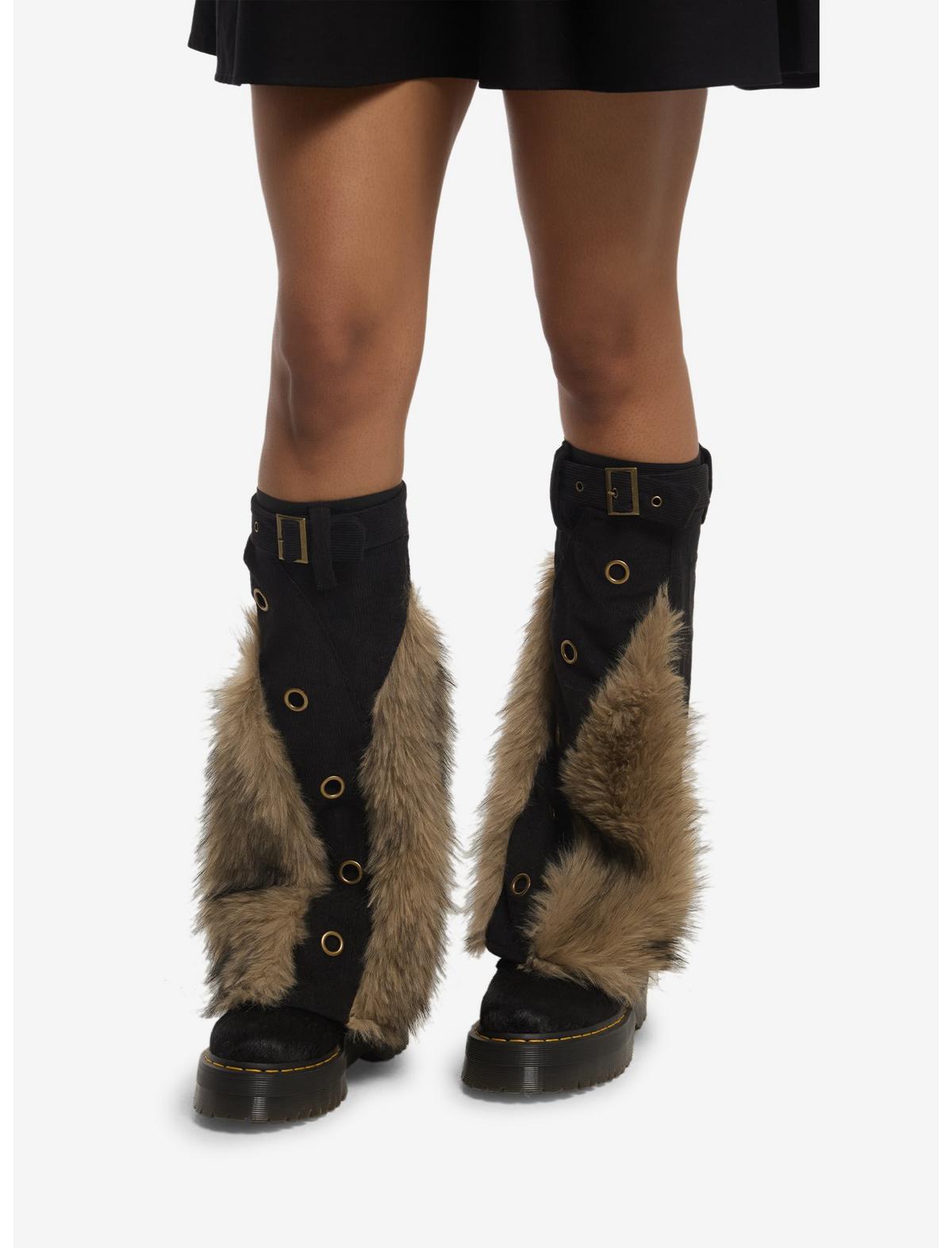 Black & Brown Furry Grommet Flare Leg Warmers - US 3566