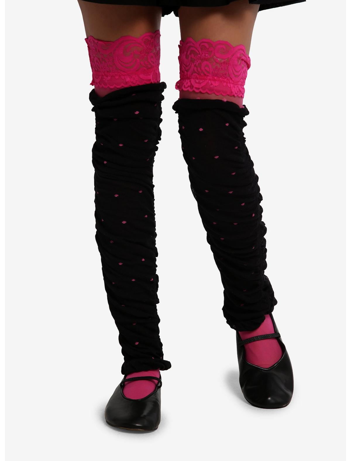 Black & Pink Polka Dot Leg Warmer & Thigh High Set - US 4126