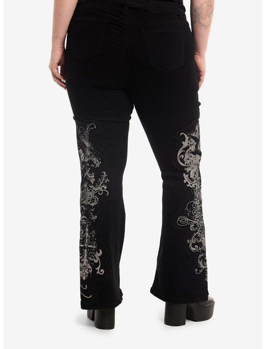 Cosmic Aura Gothic Filigree Patch Flare Jeans Plus Size - US 3775