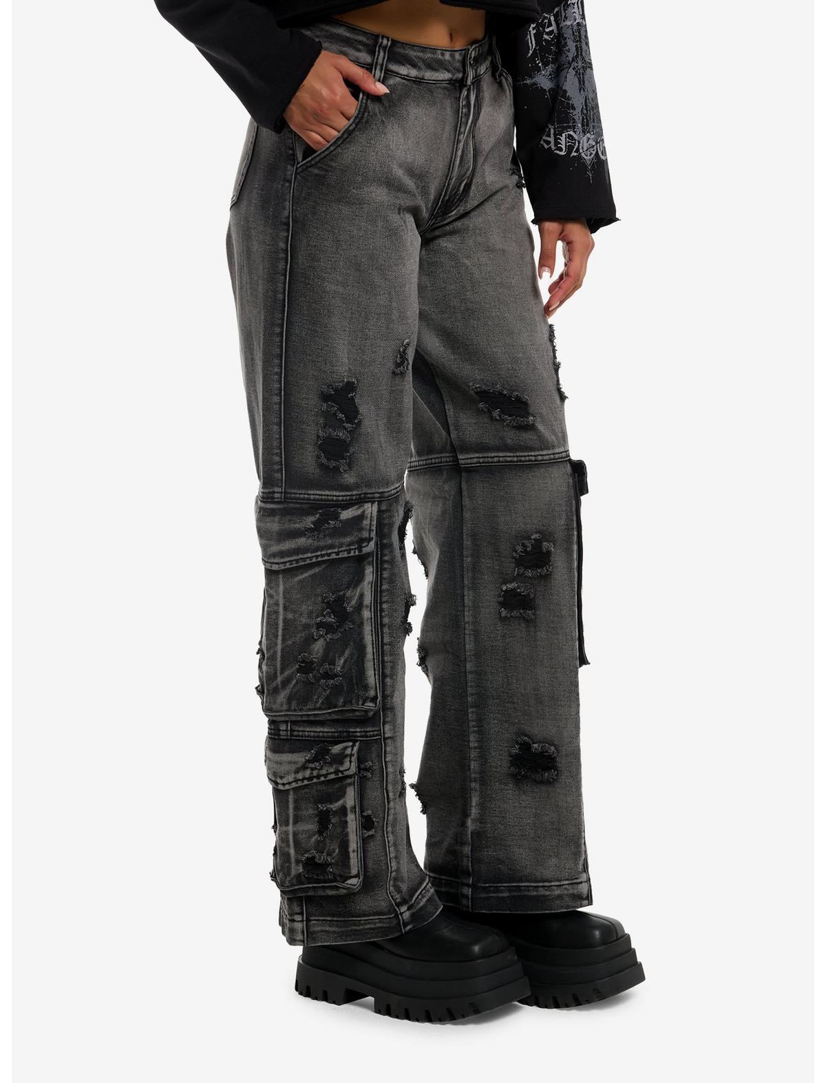 Black Destructed Cargo Wide Leg Jeans - US 8747