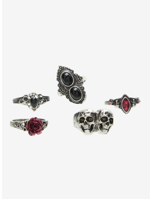 Cosmic Aura Double Skull Rose Ring Set - US 5671
