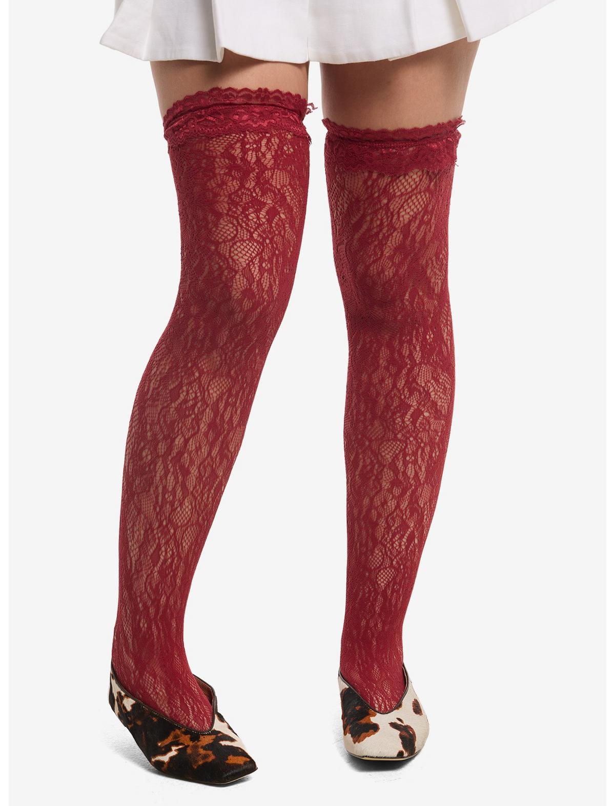 Burgundy Lace Trim Thigh Highs - US 0457
