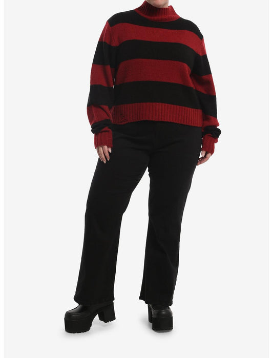 Burgundy & Black Stripe Turtleneck Girls Sweater Plus Size - US 3027