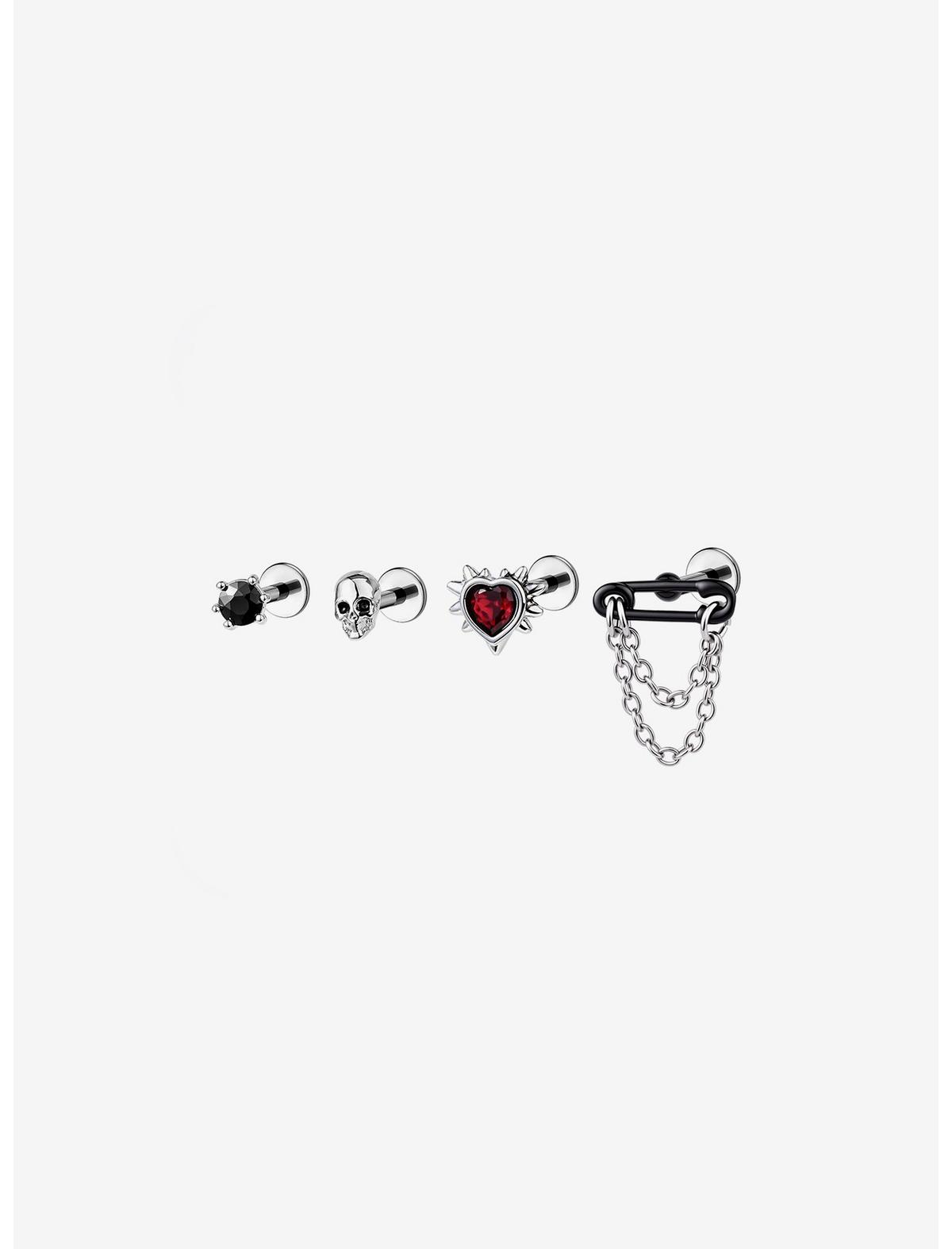 16G Steel Skull Spiked Heart Cartilage Stud 4 Pack - US 3206