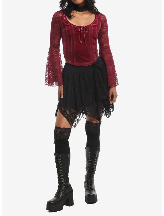 Cosmic Aura Maroon Velvet Girls Bell Sleeve Top - US 7795