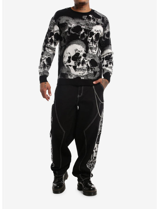 Black & White Skull Collage Knit Sweater - US 6776